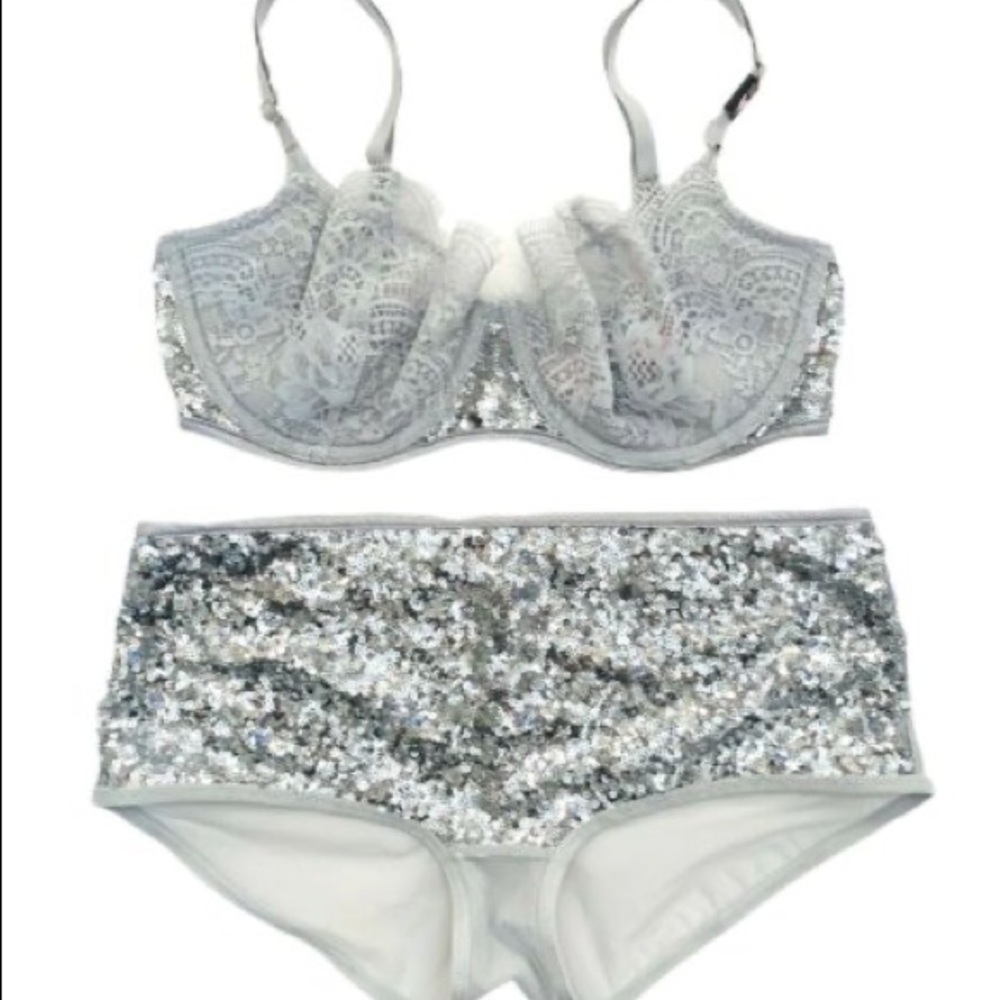 Victoria's Secret sequin Silver and White Lace Bra and Panty Set sz 38C L